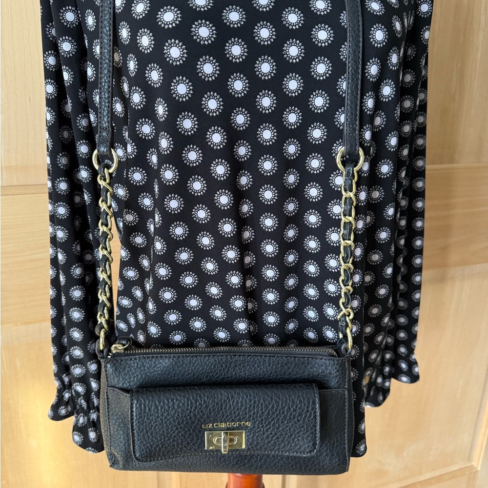 Liz Claiborne Black Leather Crossbody Bag Gold Details